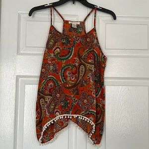 Love Blossom Paisley Print Tank Top with Pom-Pom Fringe Size Small